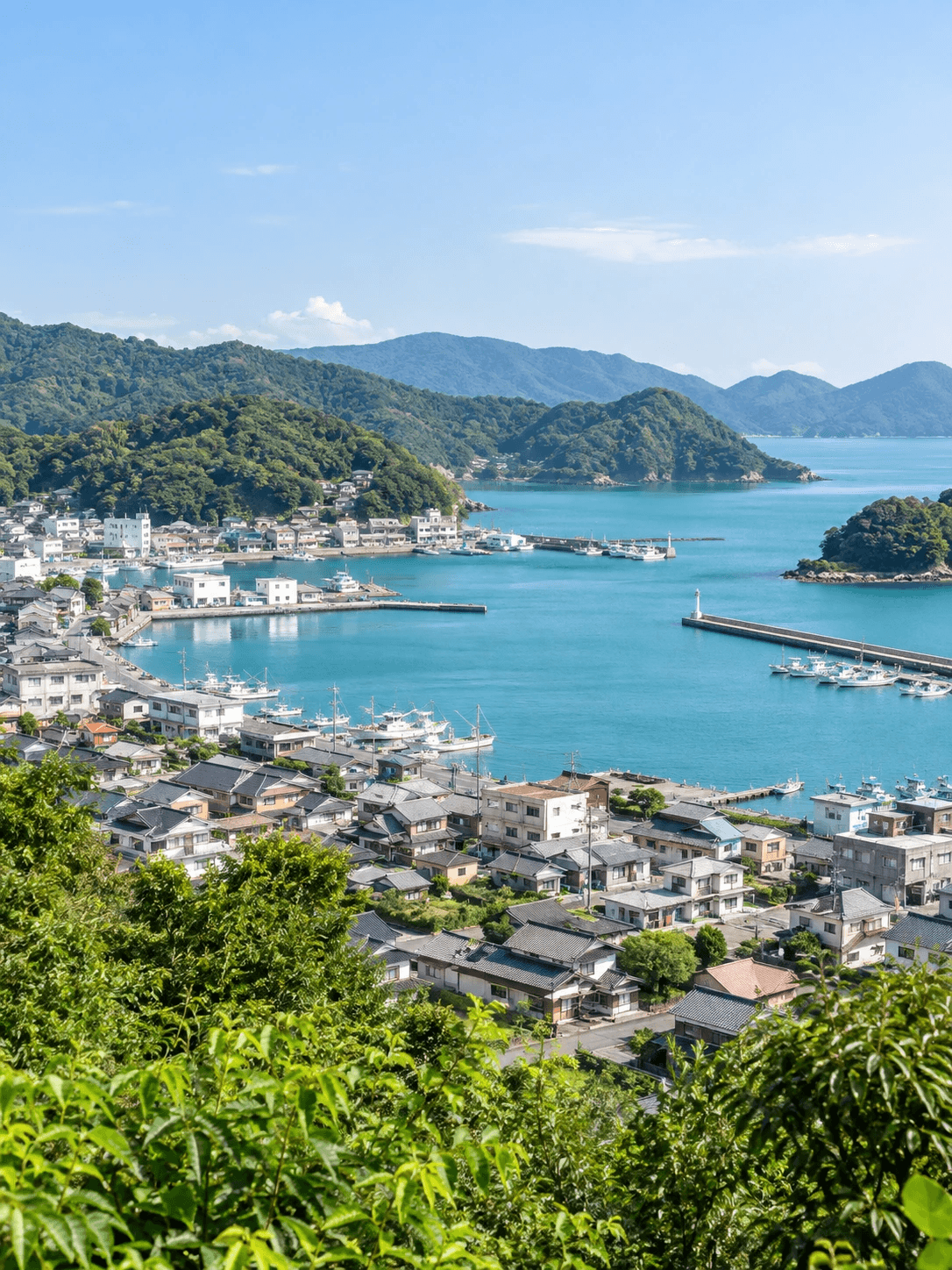 青い海と山に囲まれた街並み